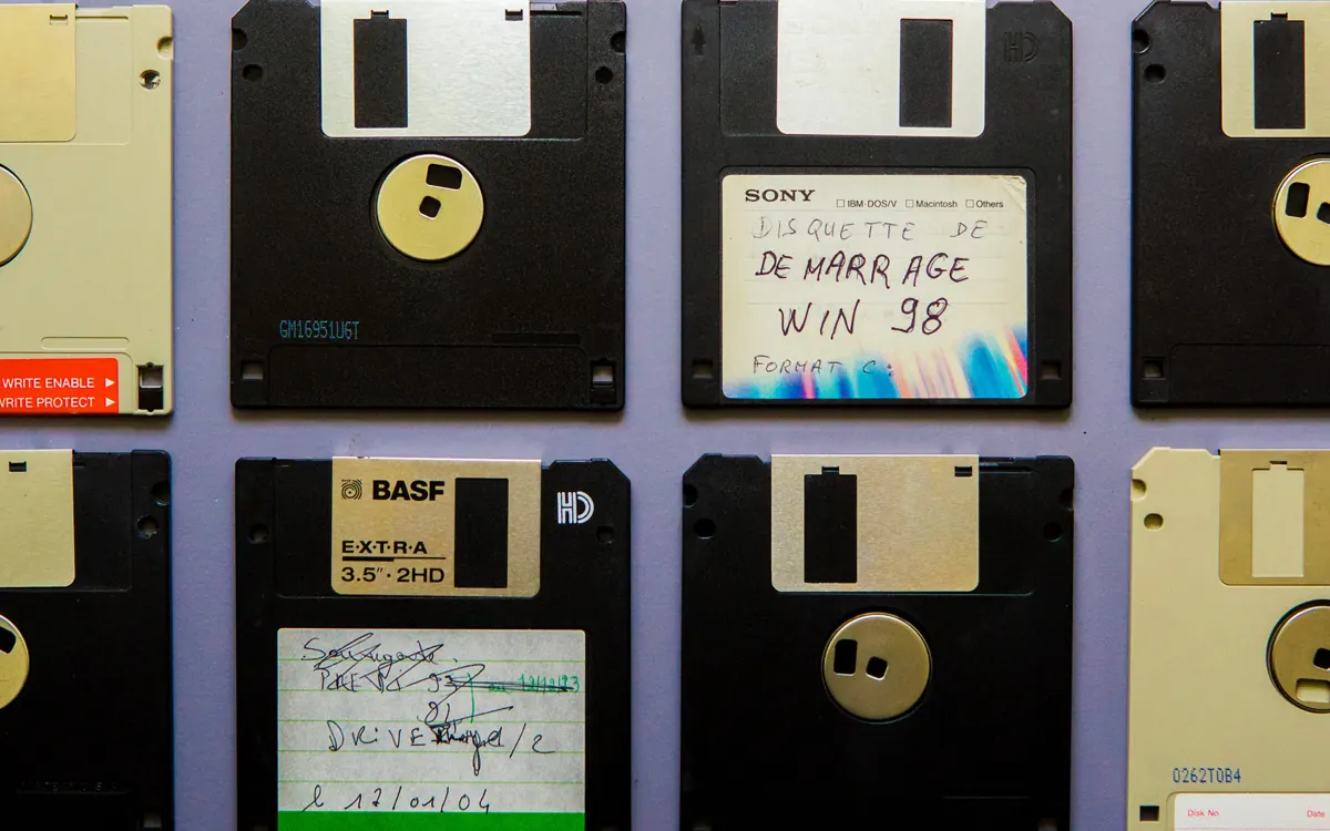 Rows of old floppy disks